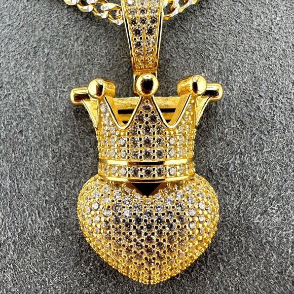18K Gold Plated over 925 Sterling Silver Heart With Crown Necklace - Picture 2 of 9
